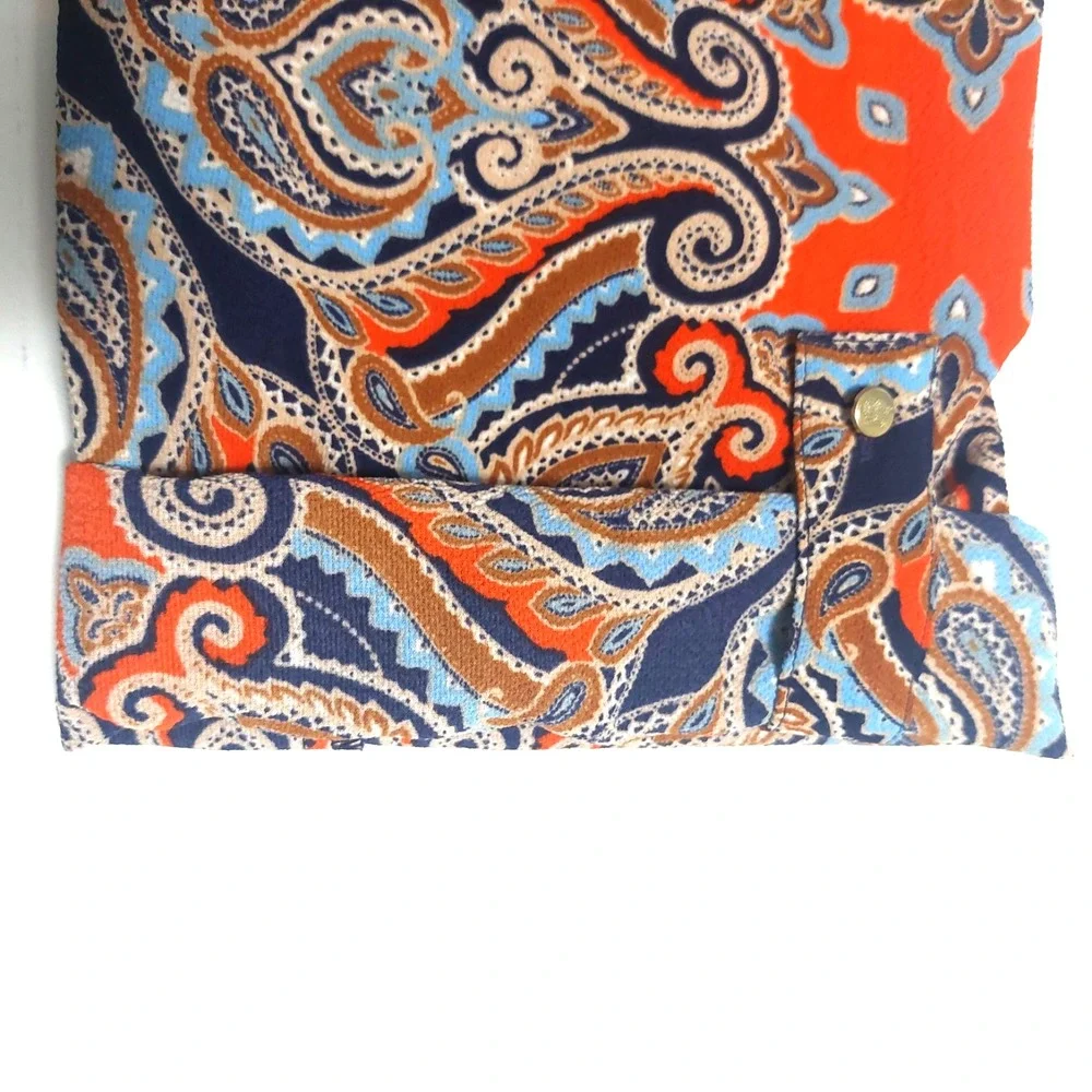 Chaus NY Womens Large Paisley Popover Blouse 3/4 Roll Tab Sleeves V Neck